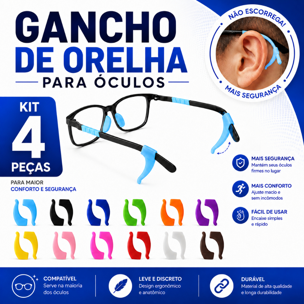 Kit 4 Suporte Para Armação de Óculos Antiderrapante 2 Pares Gancho de Orelha Silicone Várias Cores