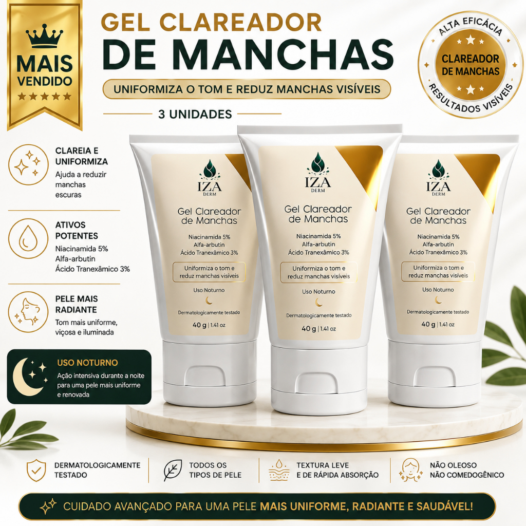 Kit 3 Gel Clareador de Manchas IZA Derm Niacinamida 5% Alfa-Arbutin Ácido Tranexâmico 30g