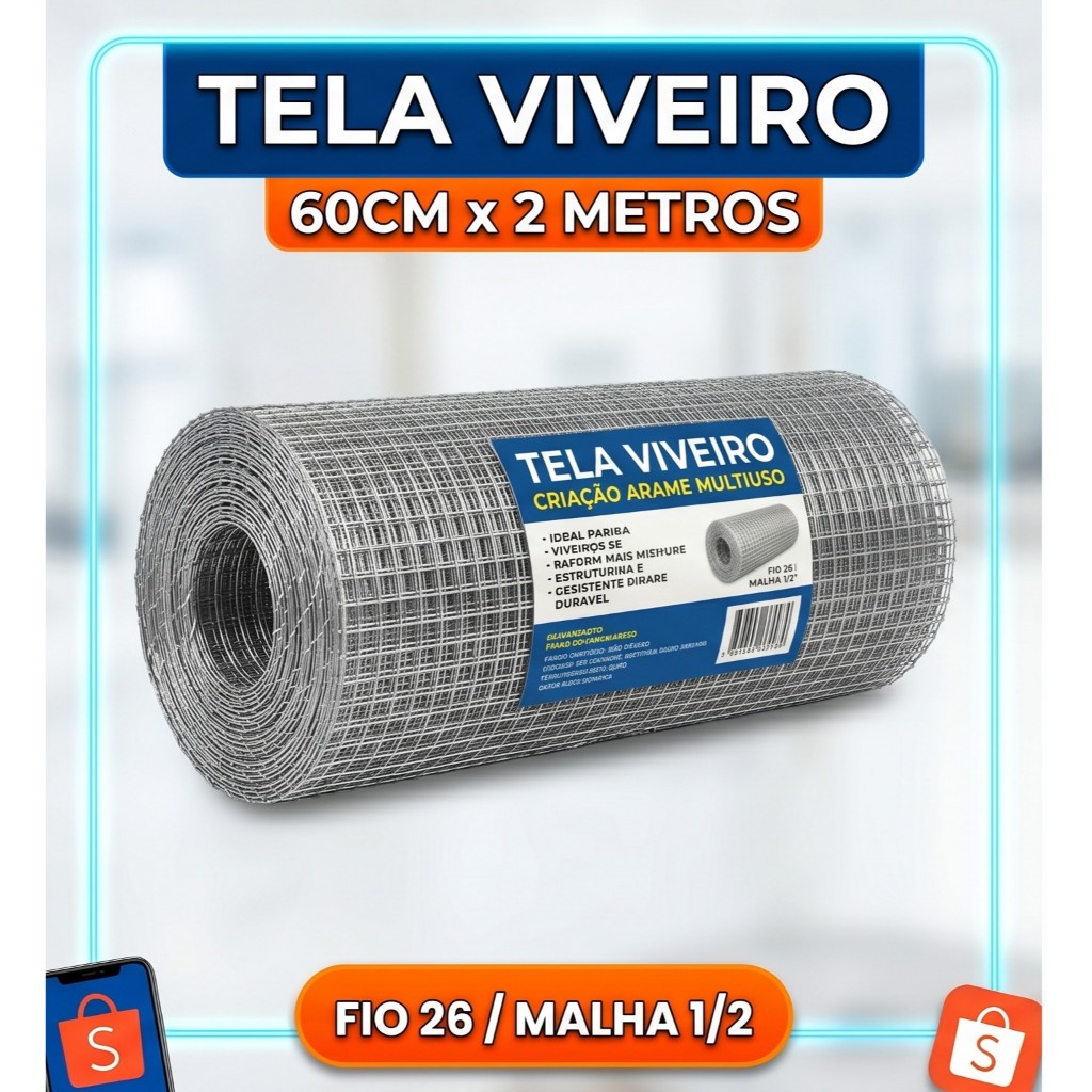 Tela Viveiro Galvanizada 60cm Altura Malha 1/2 Fio 26 - 2 Metros