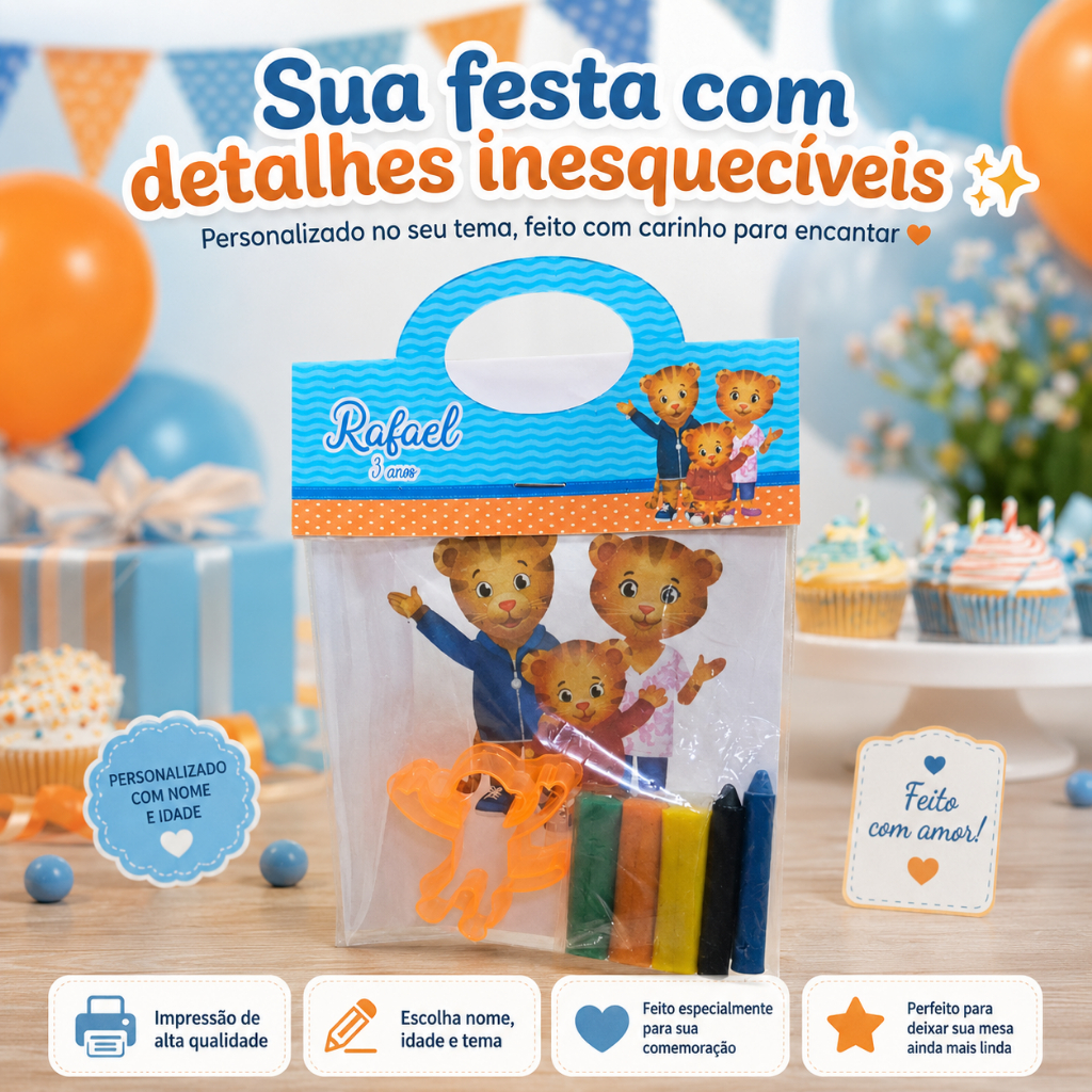 Kit Para Colorir Premium Daniel o Tigre Personalizado para Festa Infantil + Kit Massinha + Giz, Lembrancinha Criativa