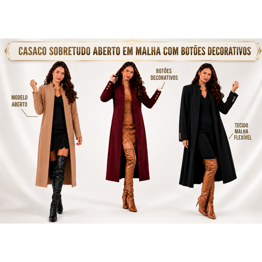 CASACO SOBRE TUDO FEMININO PRETO CASAQUINHO ABERTO SOBRETUDO PLUS SIZE SOCIAL ESTILO CAPA PONCHO DE MANGA LONGA BOTÃO