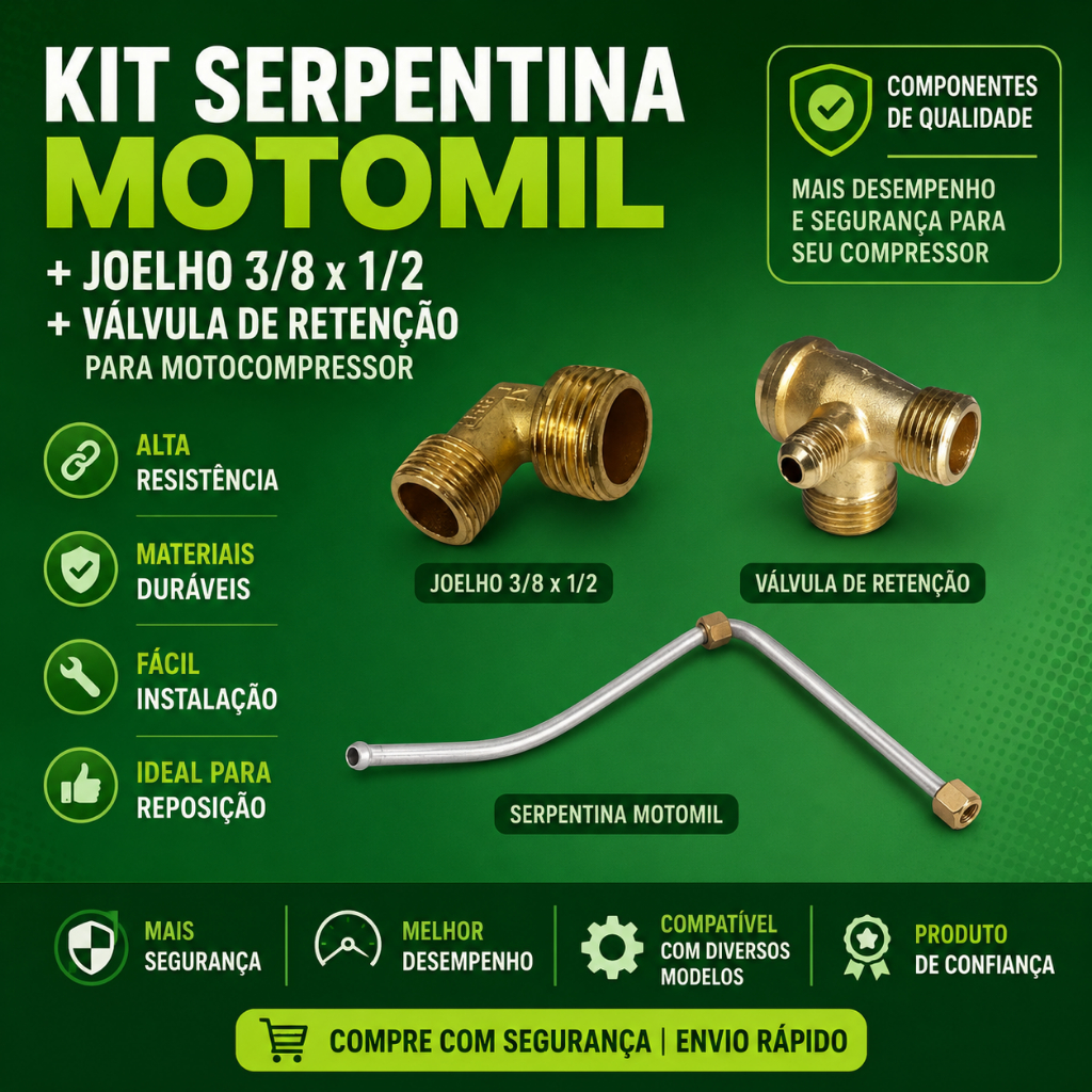 Serpentina Motomil Joelho 3/8x1/2 Válvula Retenção Motocompressor