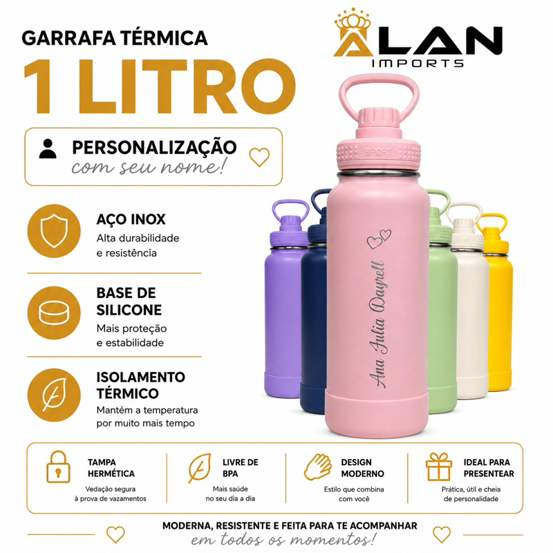 Garrafa Térmica 1L/1000ML aço inox personalizada com seu nome + base de silicone