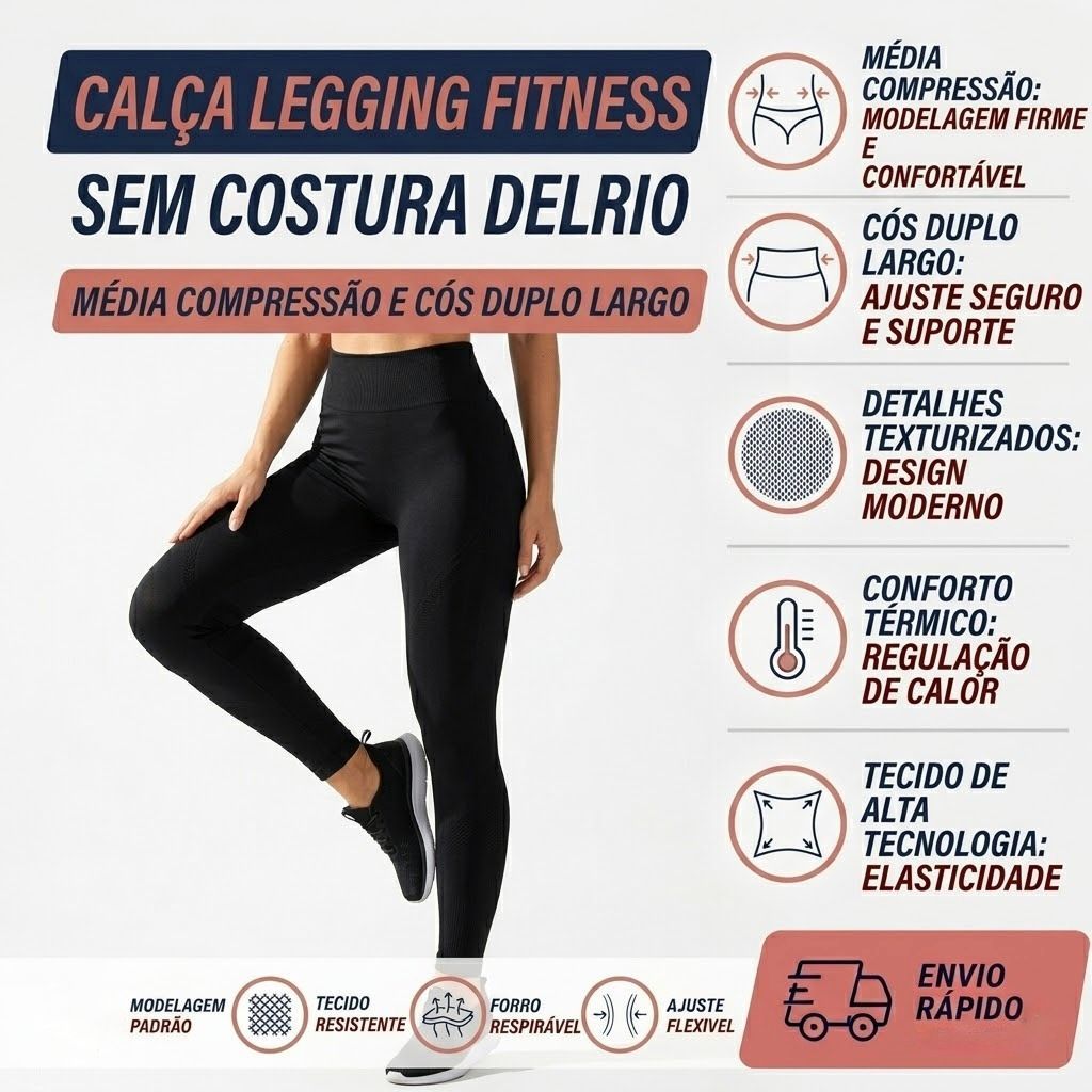 Legging Fitness DelRio Cós Alto Duplo Sem Costura Feminina Adulto