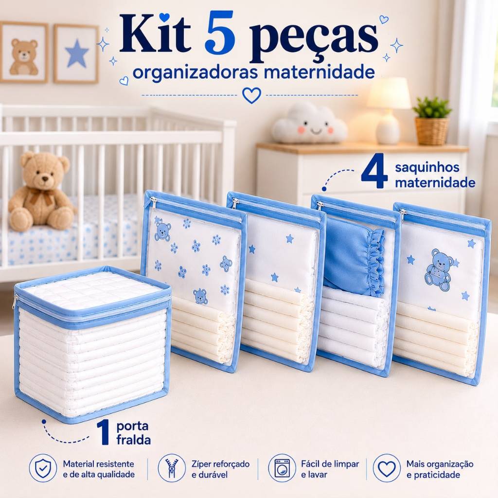 Kit 5 Peças Maternidade – 4 Saquinhos Organizadores + 1 Porta Fralda/Remédio Necessaire