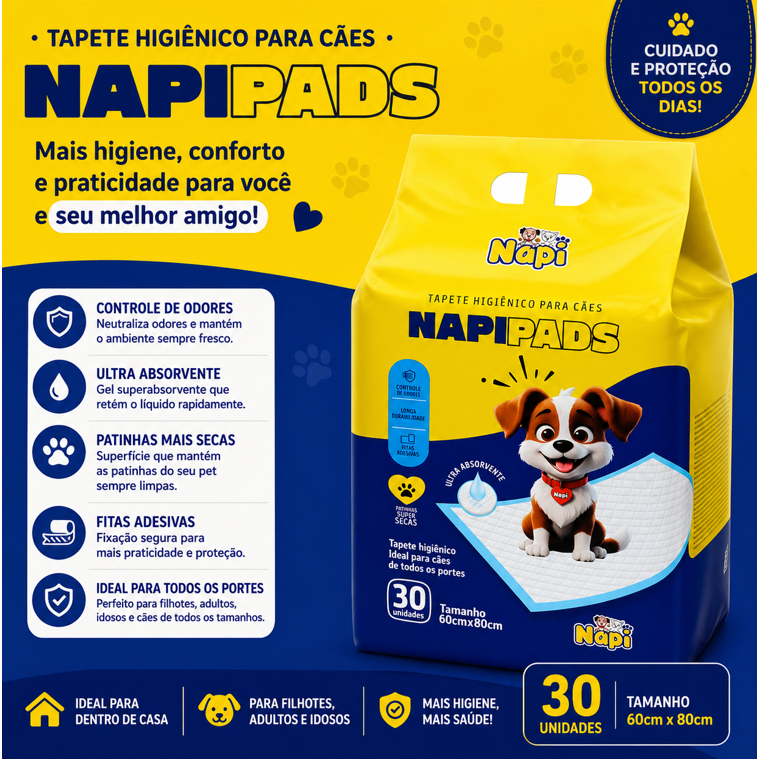 Tapetes Higiênicos 80x60 30 unidades Napi Pads para Cachorro Pets Grande Ultra Absorção