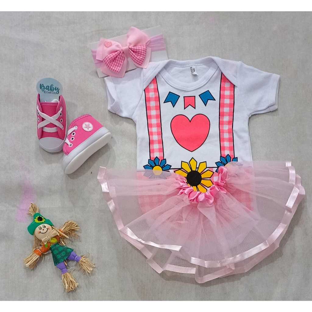 Body Bebê Menina Festa Junina Xadrez Caipira Arraiá São João Mesversário Roupa Temática Infantil Luxo