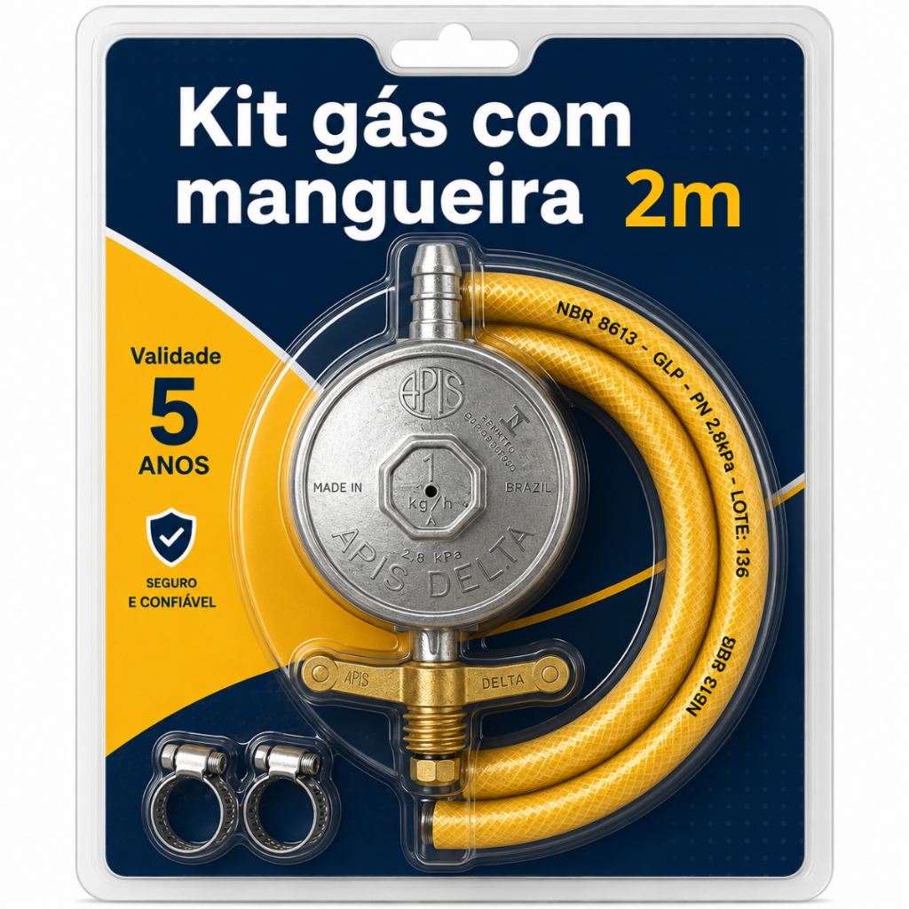 Kit Registro Regulador Gás de Cozinha para Botijão P13 Com Mangueira 2m e 2 Abraçadeiras