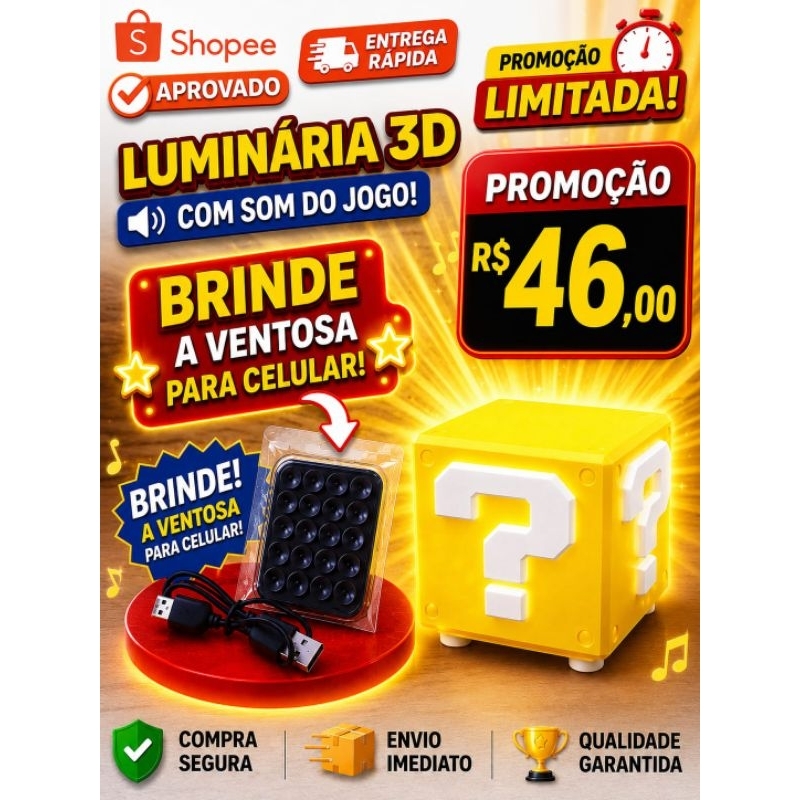 Luminária LED3D Super Gamers Ganhe Ventosa de Celular na cor preta