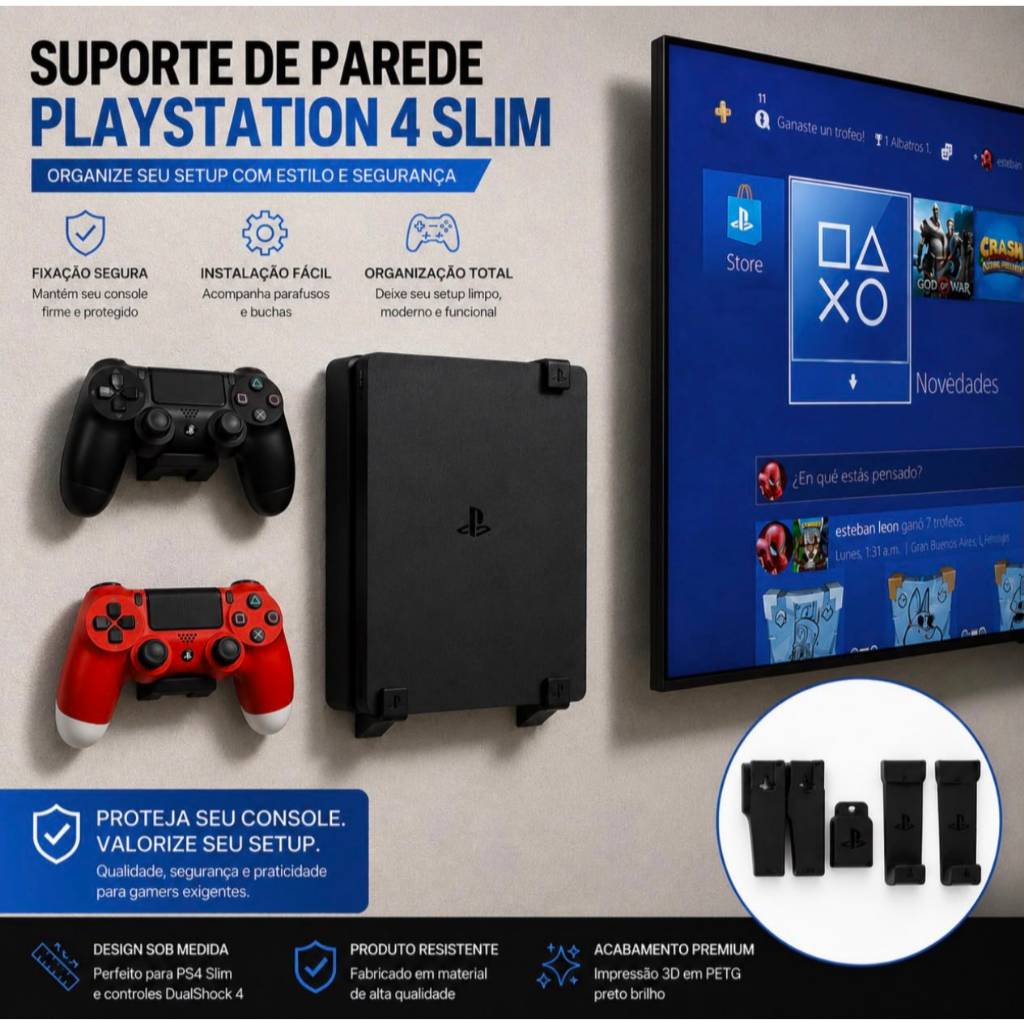 Suporte Parede Ps4 SLIM + Suportes p Controle + Kit Instalação Playstation
