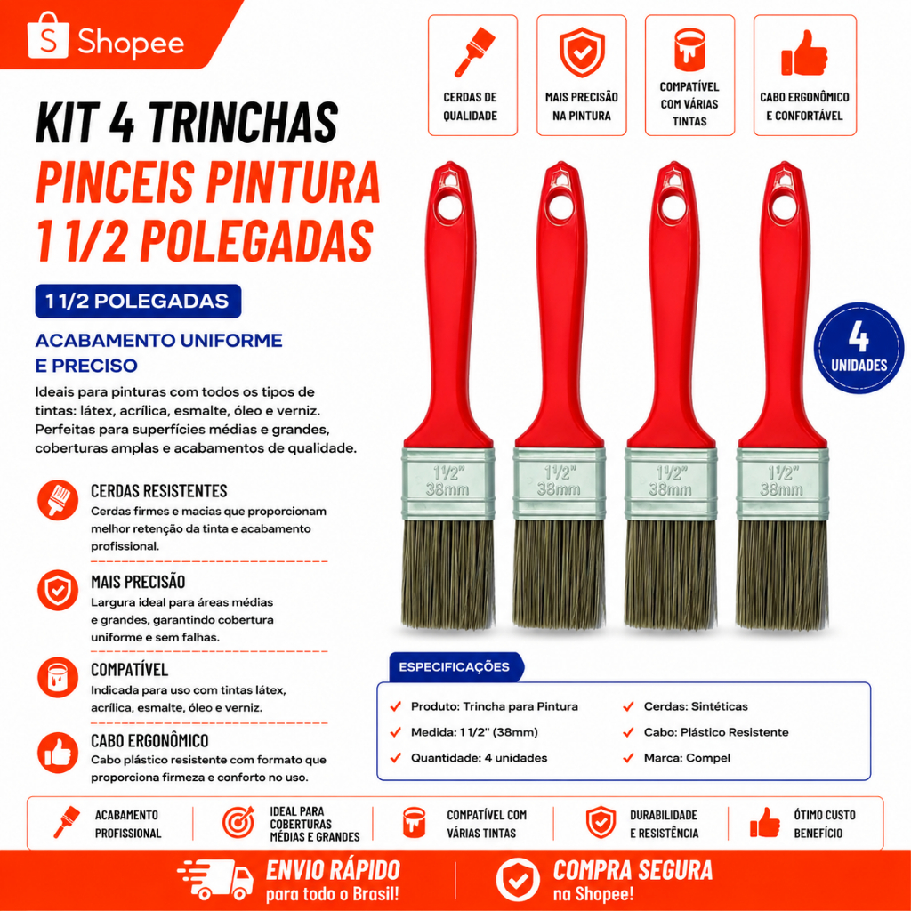 Kit 4 Pinceis Trincha Pintura Pintor Compel 1 1/2'' Cerdas Grisalhas Tinta Acrilica Latex