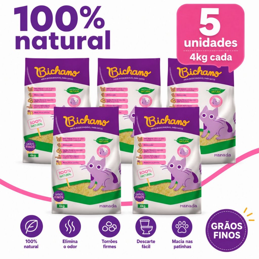 Kit 05 Unidades Areia Biodegradável Bichano Para Gatos Grãos Finos 20kg Milho e 