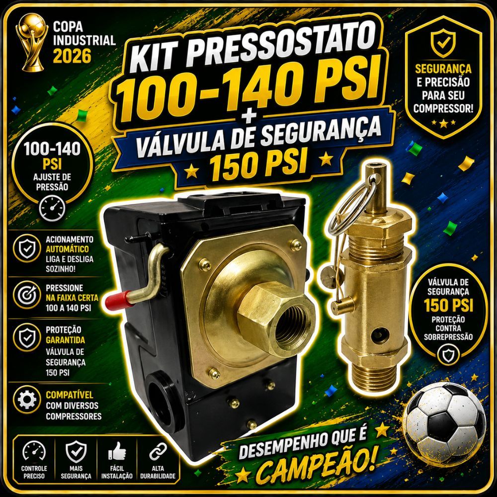 Kit Pressostato Automático 100-140 PSI + Válvula de Segurança 150 PSI para Compressor de Ar