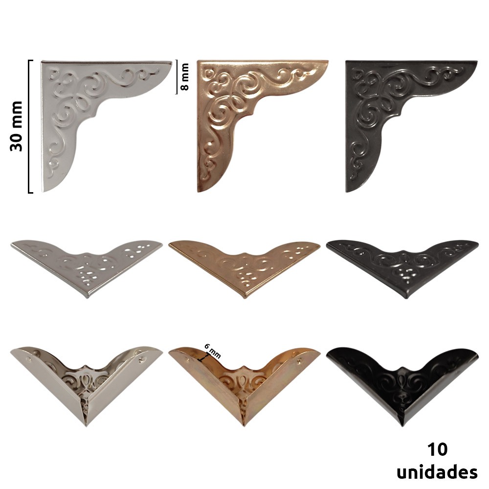 Cantoneira de metal desenhada para bolsa e cartonagem 6x8x30mm 10 unidades ref.154197