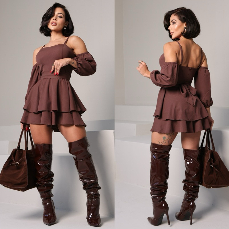 Macaquinho  Cigana Liso feminino acinturado com manga e laço alças ajustáveis moda feminina elegante festas
