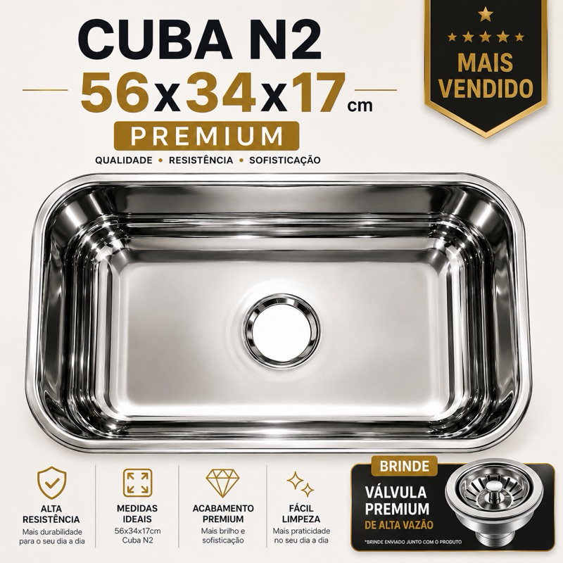 Cuba Aço Inox N2 56x34x17 Pia Cozinha Extra Funda Embutir Alto Brilho + Válvula