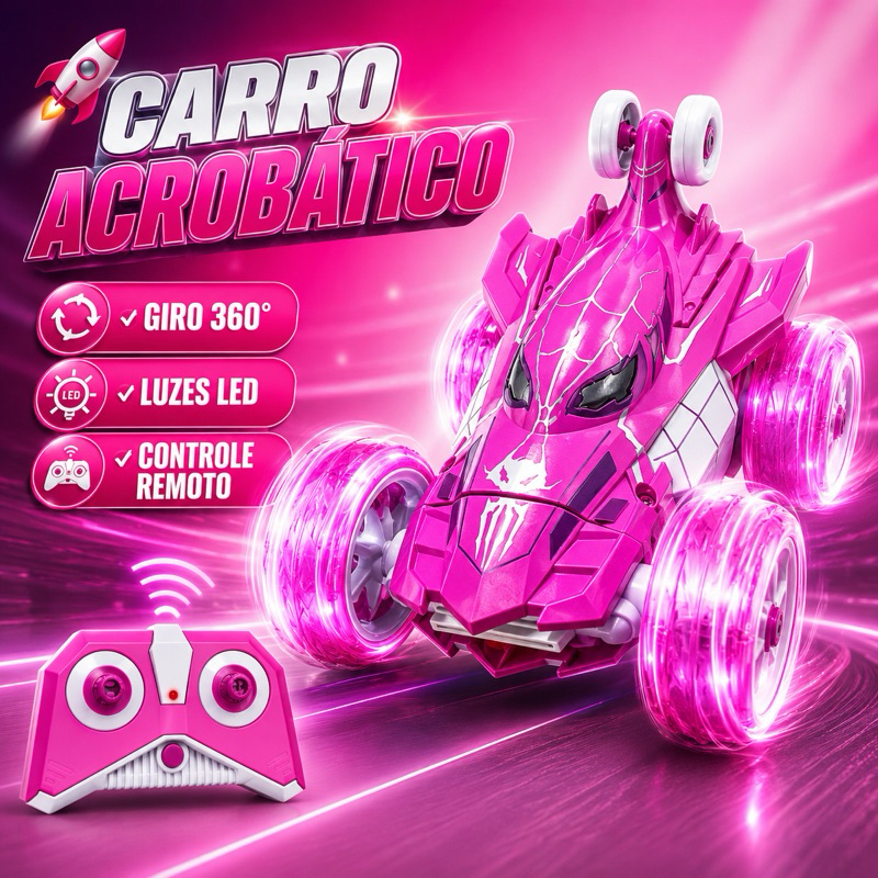 Carrinho Controle Remoto 360° Recarregável Luzes LED Música Carrinho Radical Infantil Menino e Menina +3 Anos