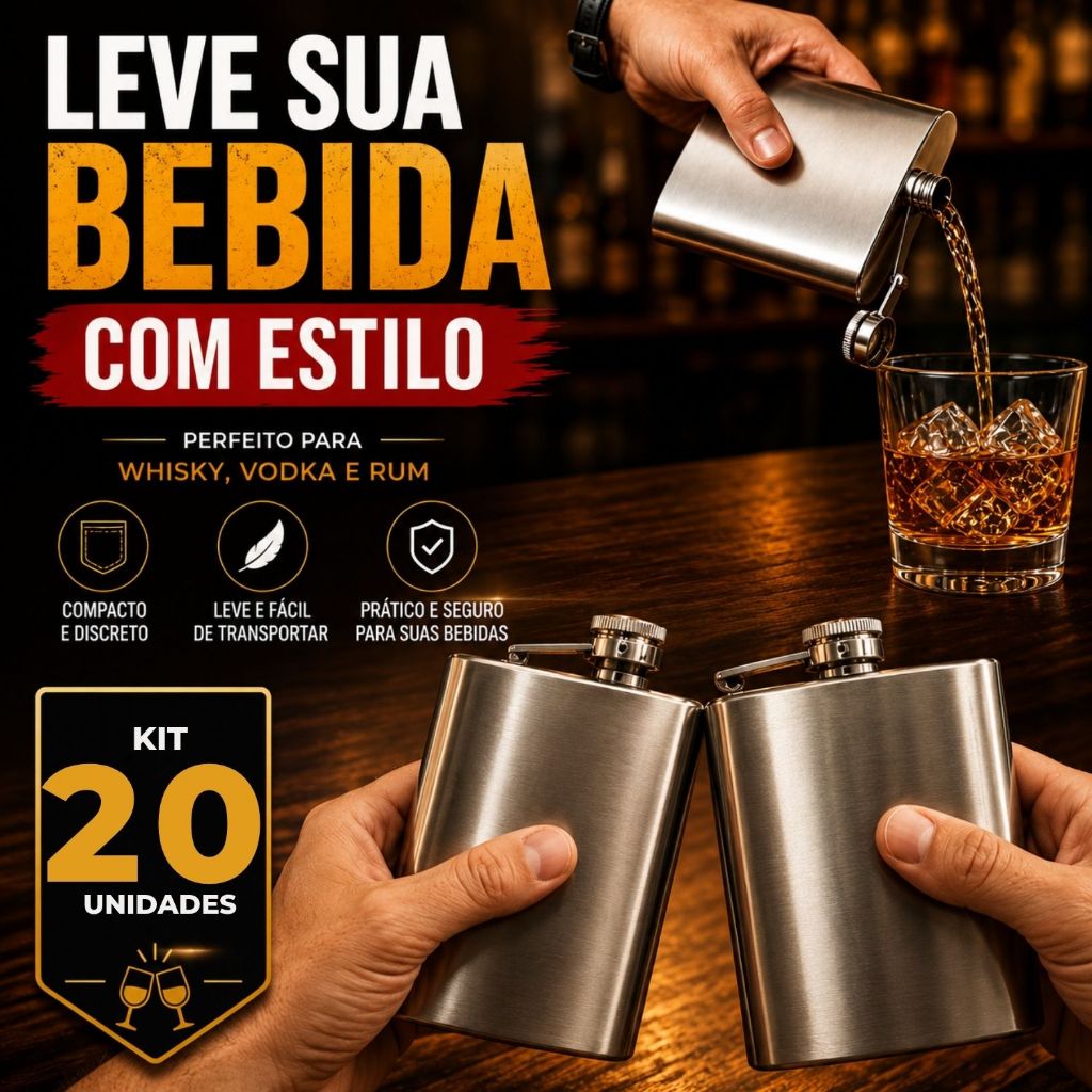 20 Cantil Porta Bebida 236ml Aço Inox Whiskeira 8Oz