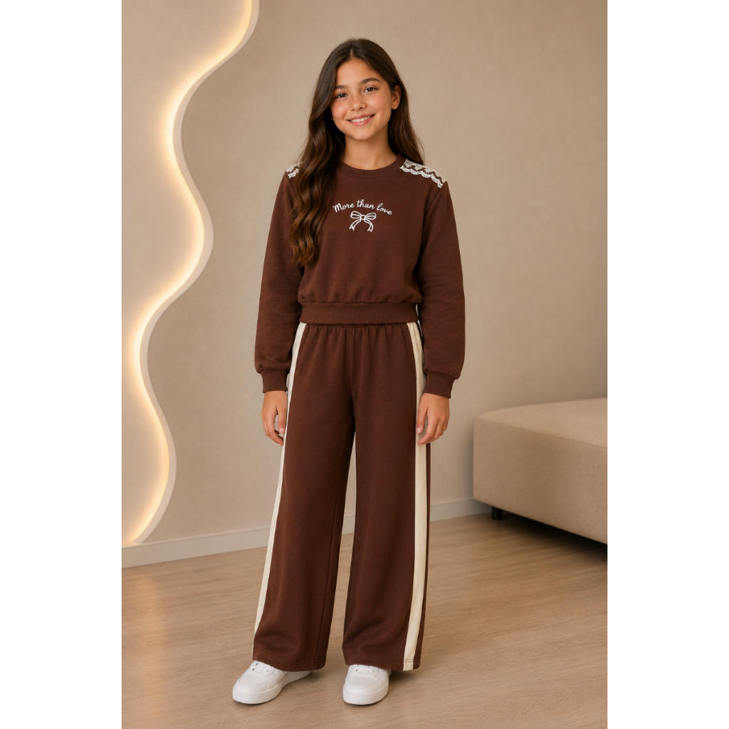 Conjunto de Moletom Infantil Feminino Marrom com Renda e Estampa de Laço – Tamanhos 4 a 10 Anos