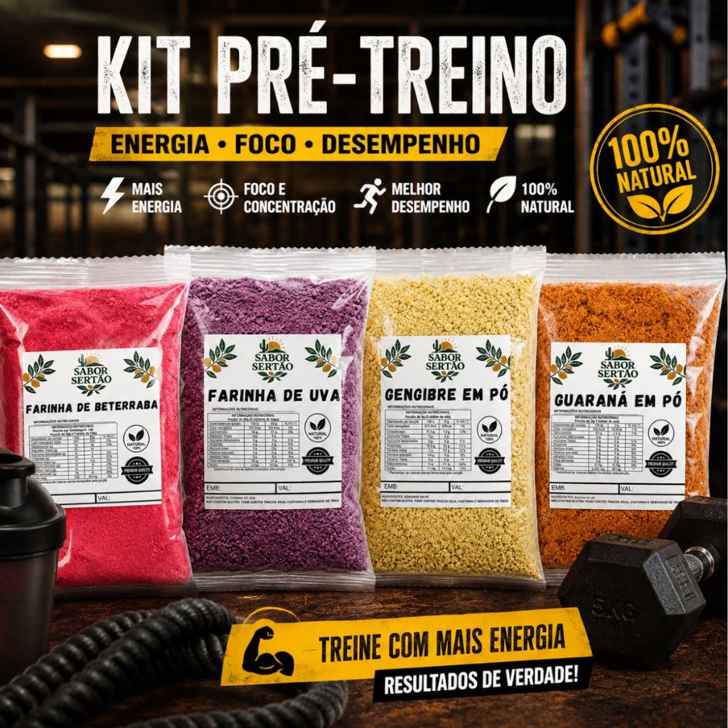Combo Pré Treino Natural Farinha De beterraba + Farinha de uva + Guarana Em Pó + Gengibre Em Pó (100GR DE CADA)