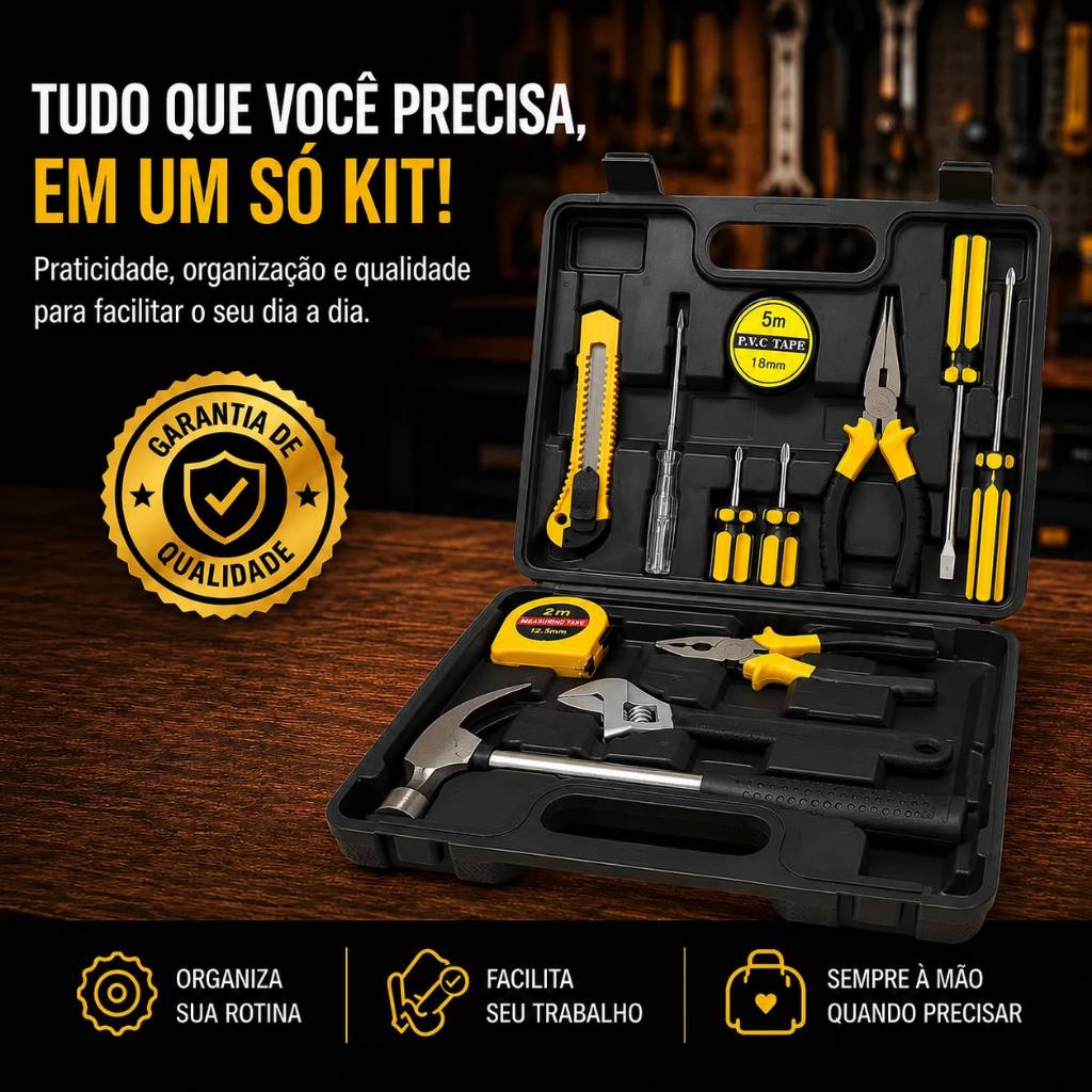 Kit Ferramentas Maleta Jogo 12 Peças Multiuso  Martelo Testador Eletricidade Trena Chave Fenda Philips Inglesa Alicate