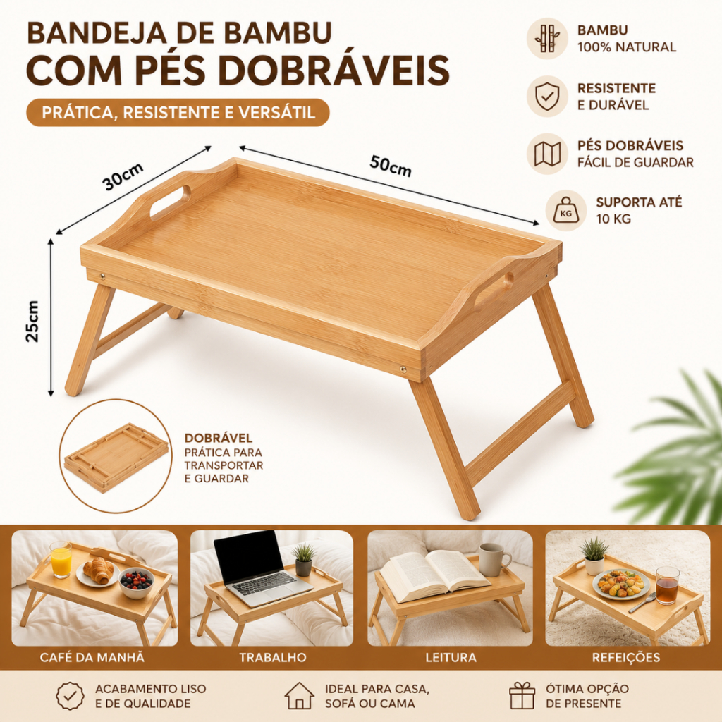 Mesa Bandeja Café Da Manha Na Cama Apoio Em Bambu Pés Dobraveis Home Office50x30cm — imagem 2 de 2