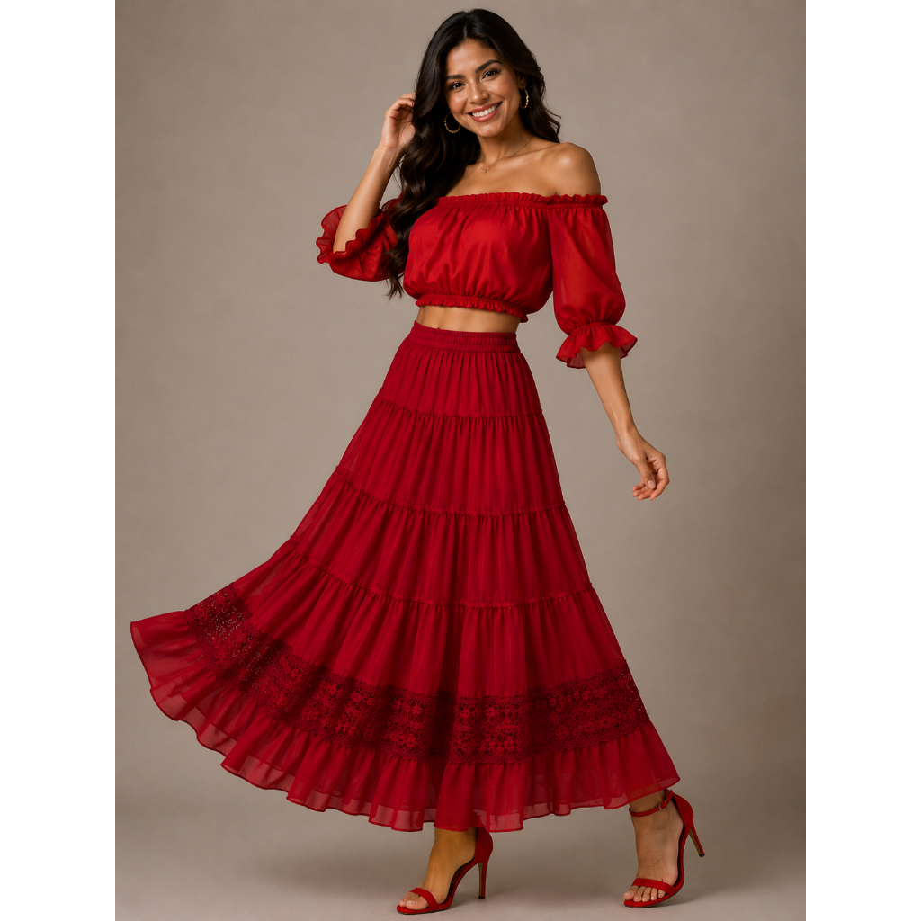 Saia Estilo Cigana Com Detalhes Para Dança Vermelho Umbanda Candomblé Pomba Gira