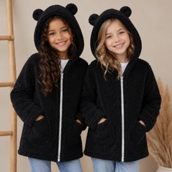 Jaqueta Teddy Infantil Feminina Peluciado de Inverno - Casaco quentinho com Touca, Ziper e Elastico