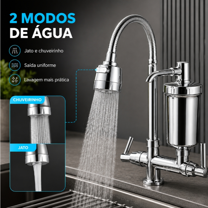 Torneira com Filtro Gourmet de Bancada Flexível Inox 1/4 de Volta Torneira de Cozinha com Purificador de Água