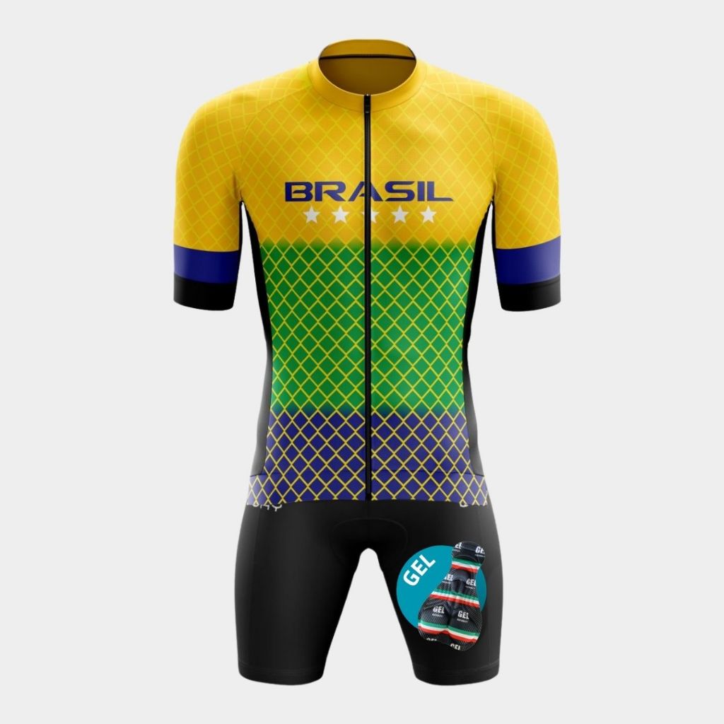 Conjunto Ciclismo Masculino Kit Camiseta Manga Curta Premium Short Gel Pro Uv Bike