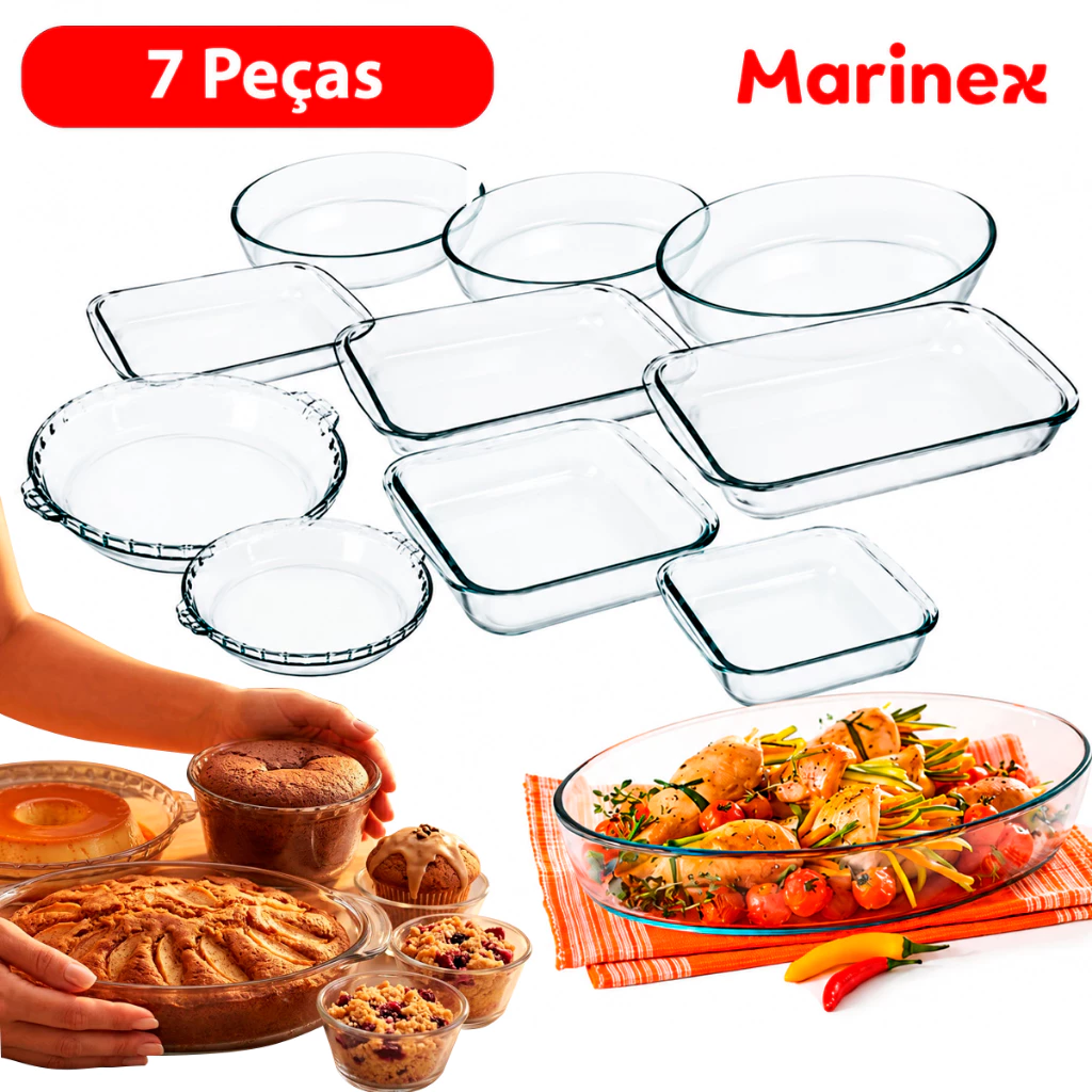 Conjunto Marinex  Kit  Jogo de Travessas 7 peças Variadas em Vidro Temperado próprias P/ Forno