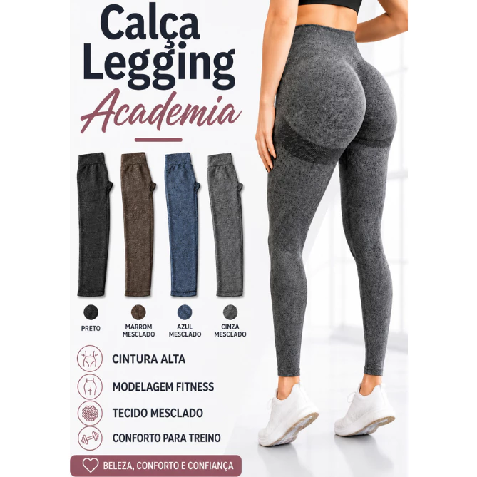 Calça Legging Academia Feminina Modela Bumbum Fitness Modeladora Treino Cós Alto Cintura Alta — imagem 1