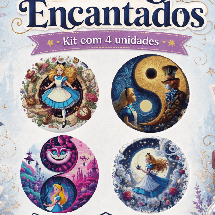 Kit 4 Bottons Alice no País das Maravilhas Broche Pin Escolar Mochila Bolsa geek Chapeleiro Maluco