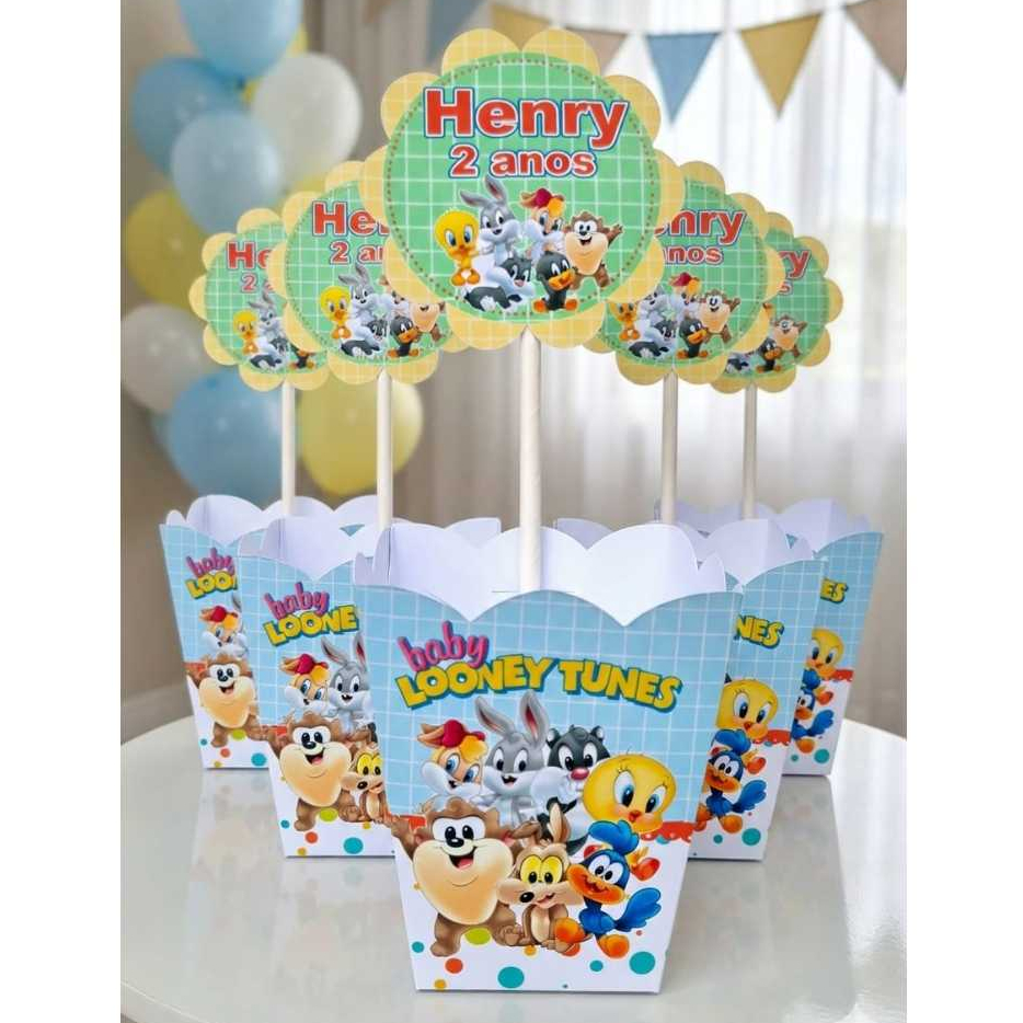 Centro de mesa cachepô personalizado| Baby looney tunes | decoração festa mesa de convidados| lembrancinhas