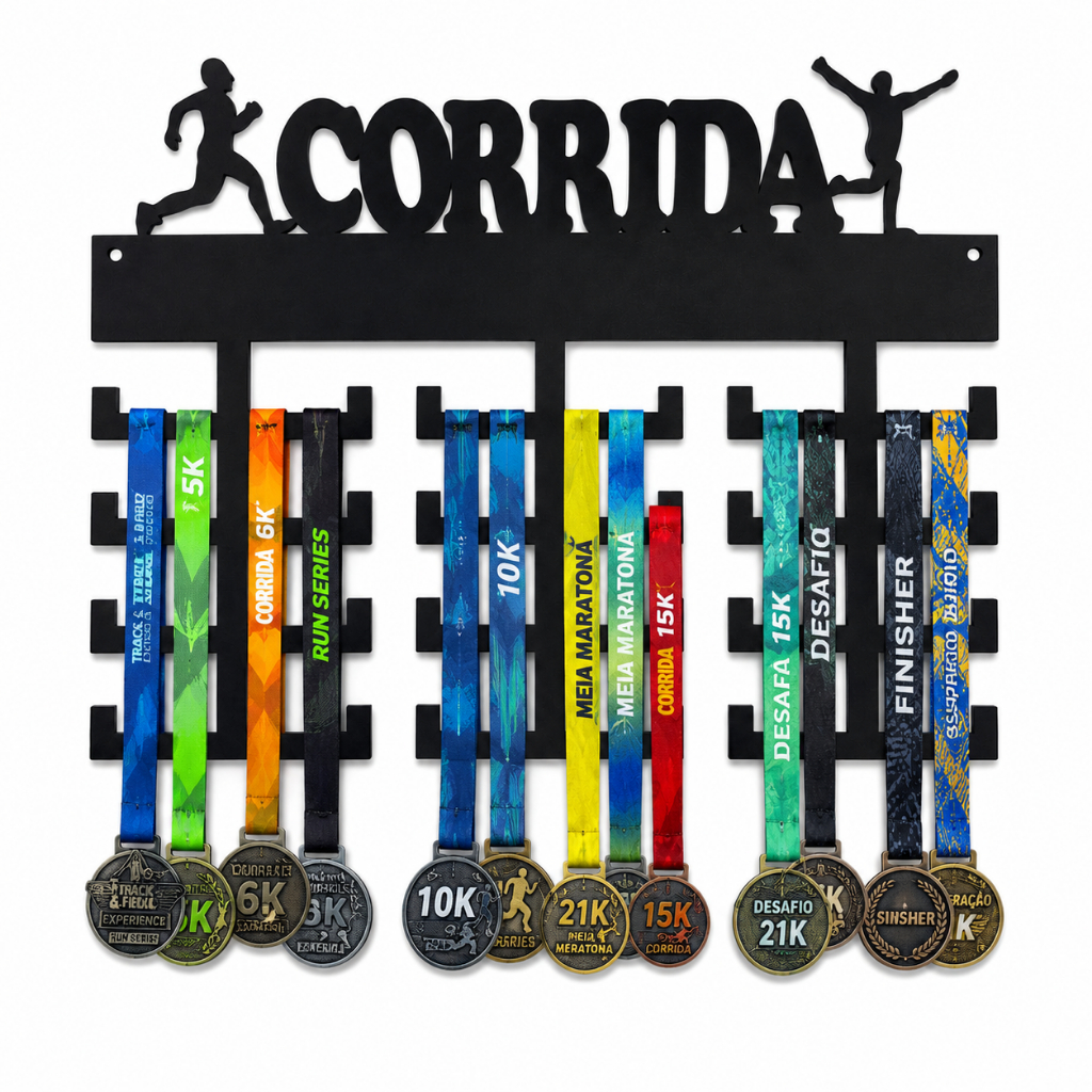 Porta Medalhas Corrida RUN MDF Preto 40x31cm Decoração Organizada Parede