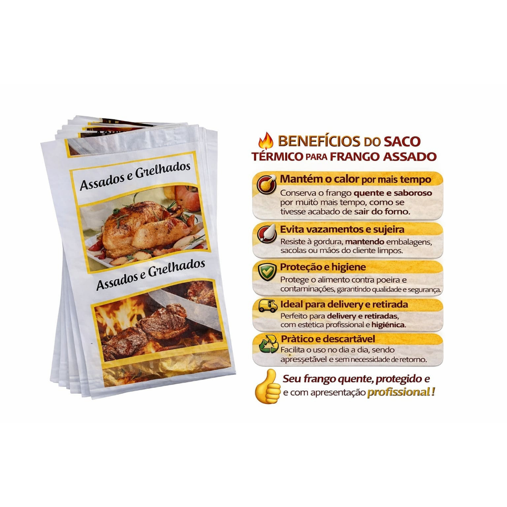 Kit 100 Saco Frango Assado Conserva Quente Evita Vazamentos