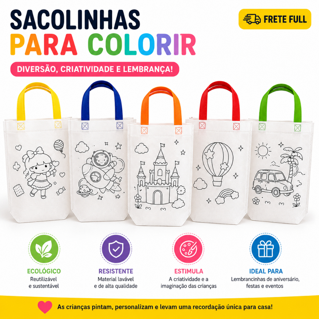 Sacolinhas Colorir Infantil 5/10 Peças 22x24cm Reutilizável, Lembrancinha Festa Aniversário Escolar