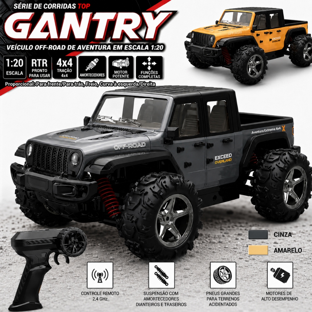 Carro Controle Remoto 4x4 Alta Velocidade 35km/h Off-Road 2.4G com Luz LED Brinquedo RC Profissional