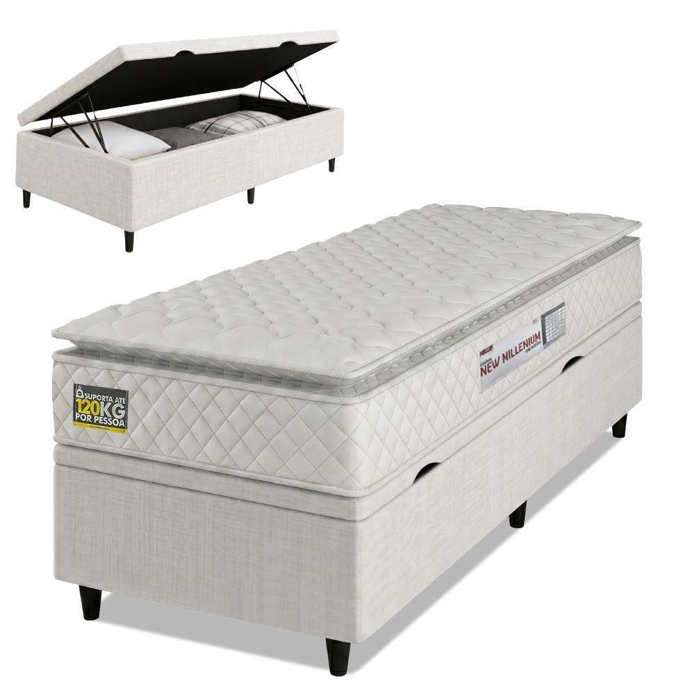Cama Box Baú Solteiro Colchão Espuma D33 Pillow Top New Millenium 88x188x60cm Branco Hellen