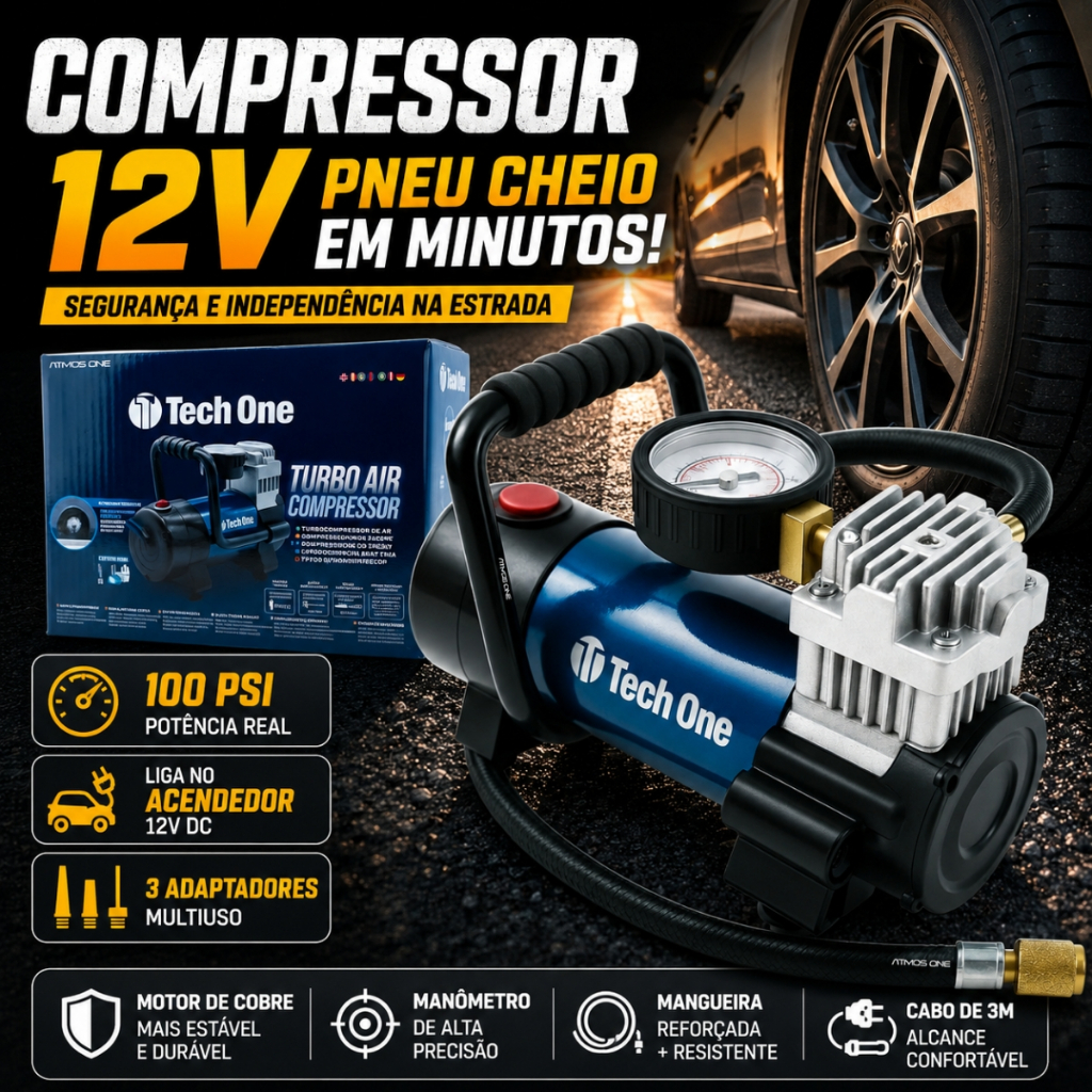 Mini Compressor De Ar 12V Portatil Para Encher E Calibrar Pneu De Carro No Acendedor De Cigarro