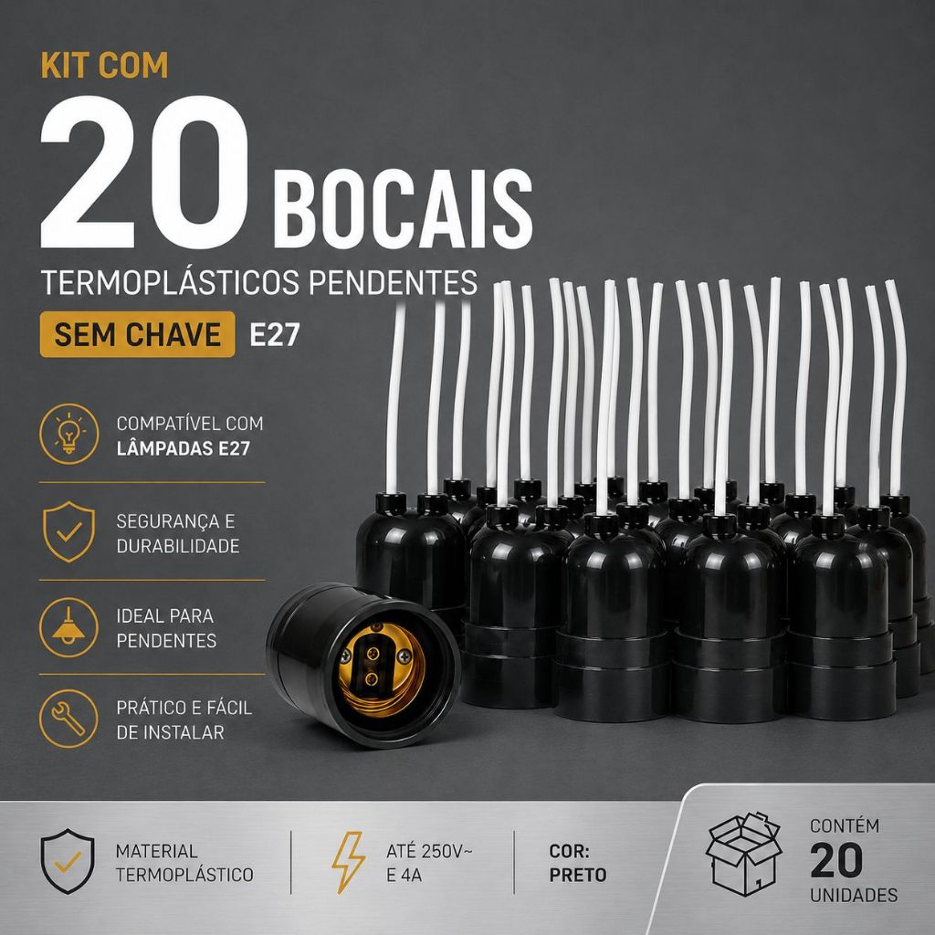 Kit c/ 20 Soquetes E27 Pendente Preto Termoplástico Sem Chave Para Lustres e Luminárias