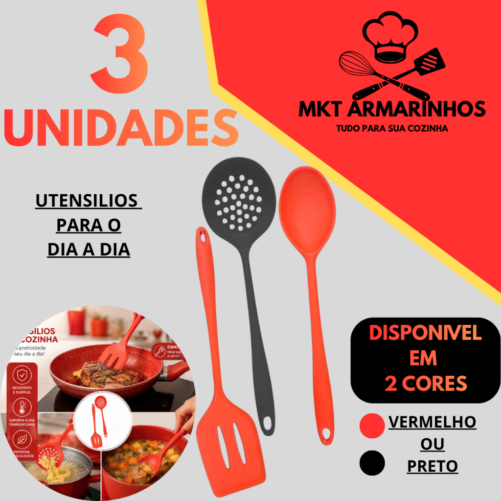Kit Utensílios de Silicone Cozinha 3 Peças Espátula Colher Escumadeira Antiaderente Resistente ao Calor