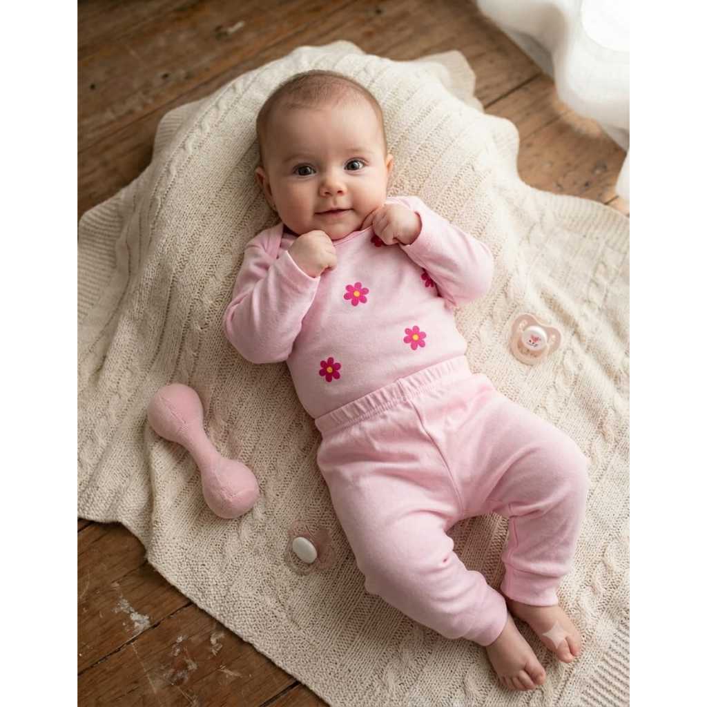 1 Conjunto Bebê Menina Body Manga Longa Estampado Cores Sortidas + Calça Com Punho 100% Algodão Confortável