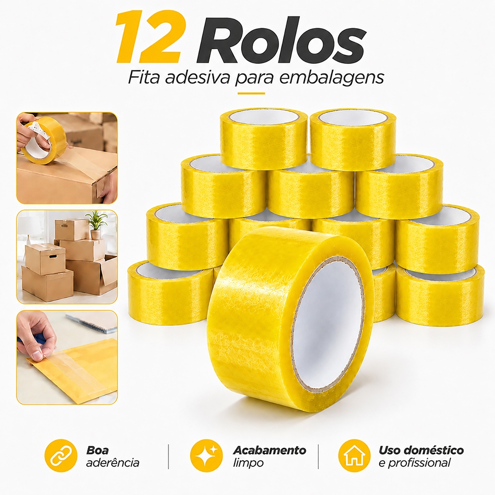 12 fitas adesivas de 100 Metros 45x100 Transparente cola forte 40mic