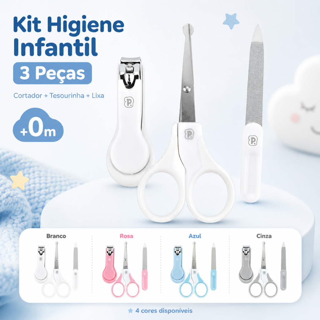 Kit Higiene Infantil Pimpolho 3 Peças Cortador, Tesourinha e Lixa para Bebê +0m