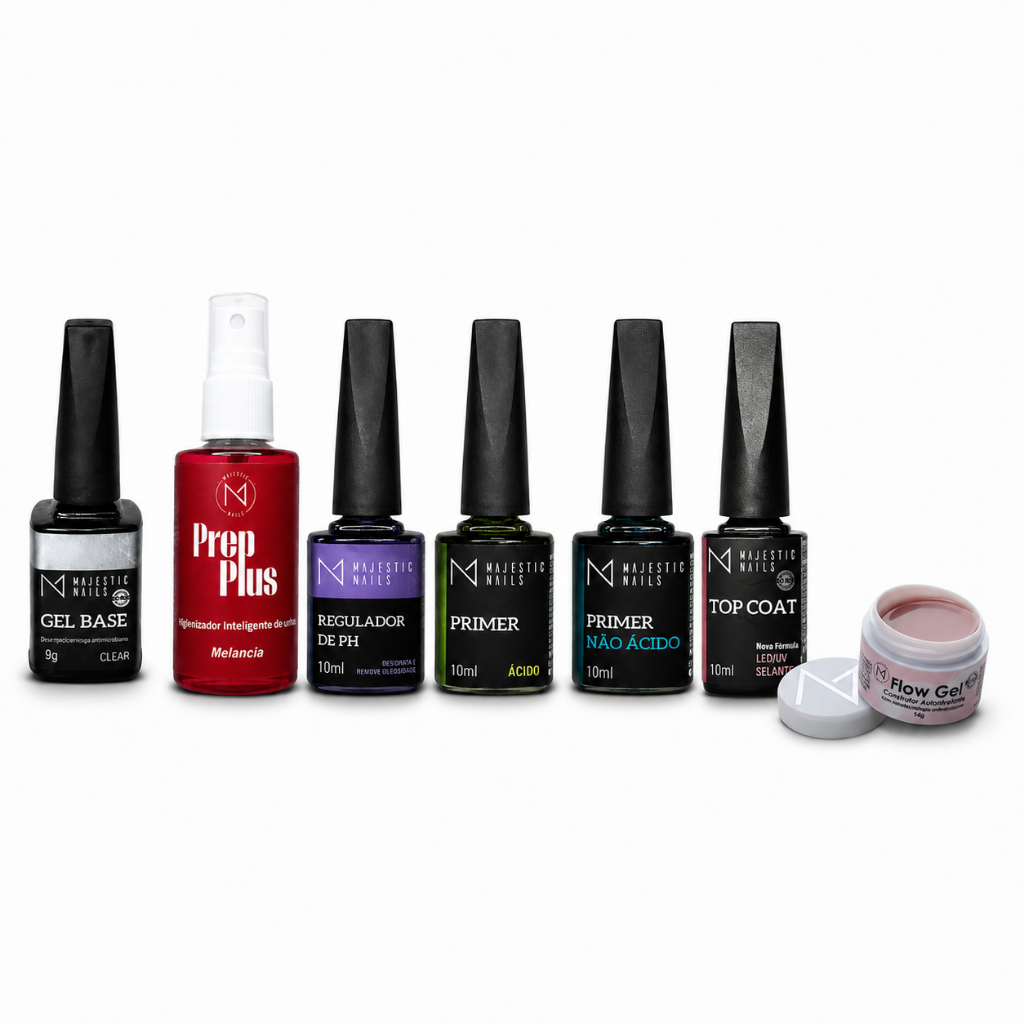 Kit Preparação Unhas Gel Completo Majestic Nails Regulador Prep Plus PH Primer Ácido Não Ácido Gel Base Top Coat Flow