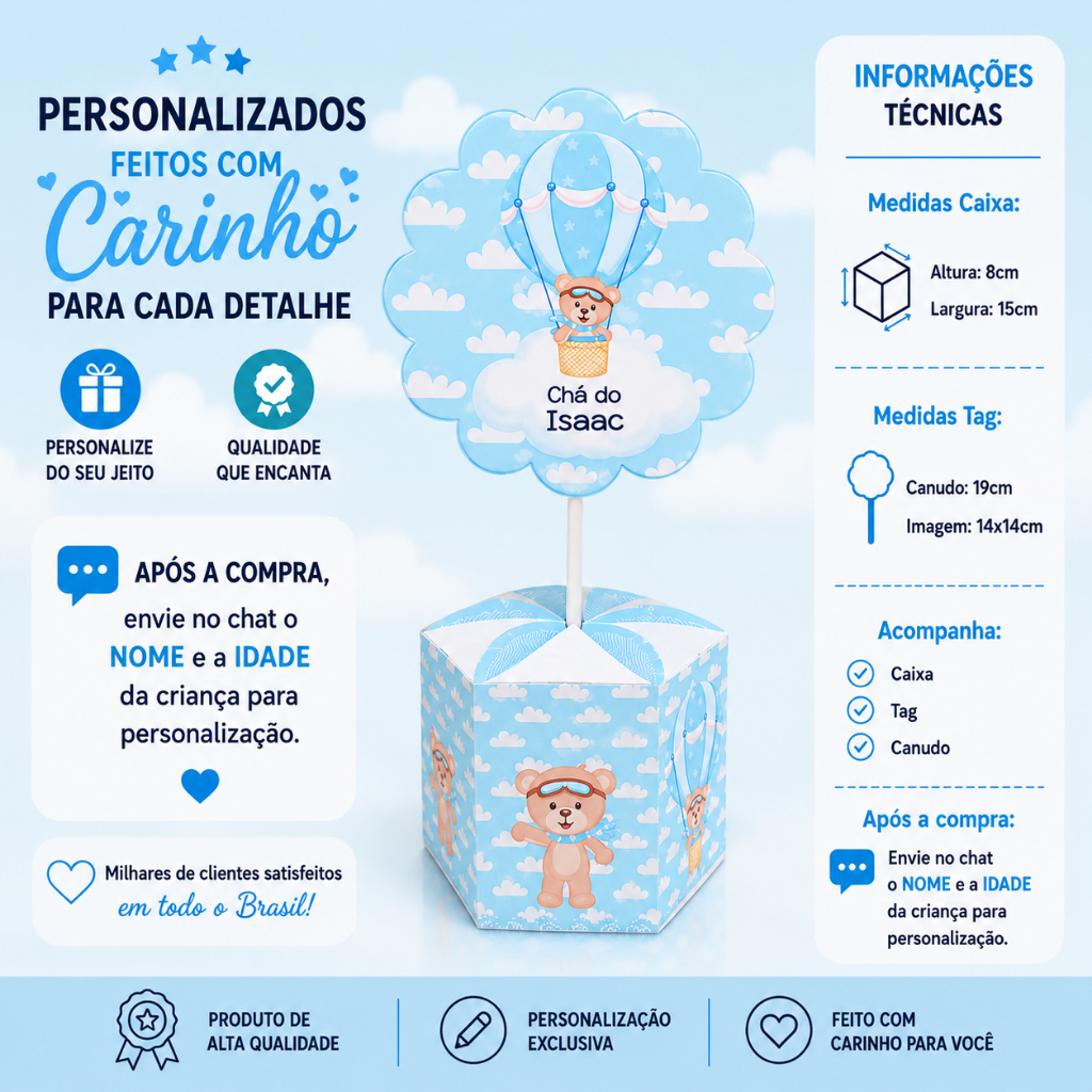 Kit 10/15/20 Centro de mesa Festa Infantil Ursinho Baloeiro Azul