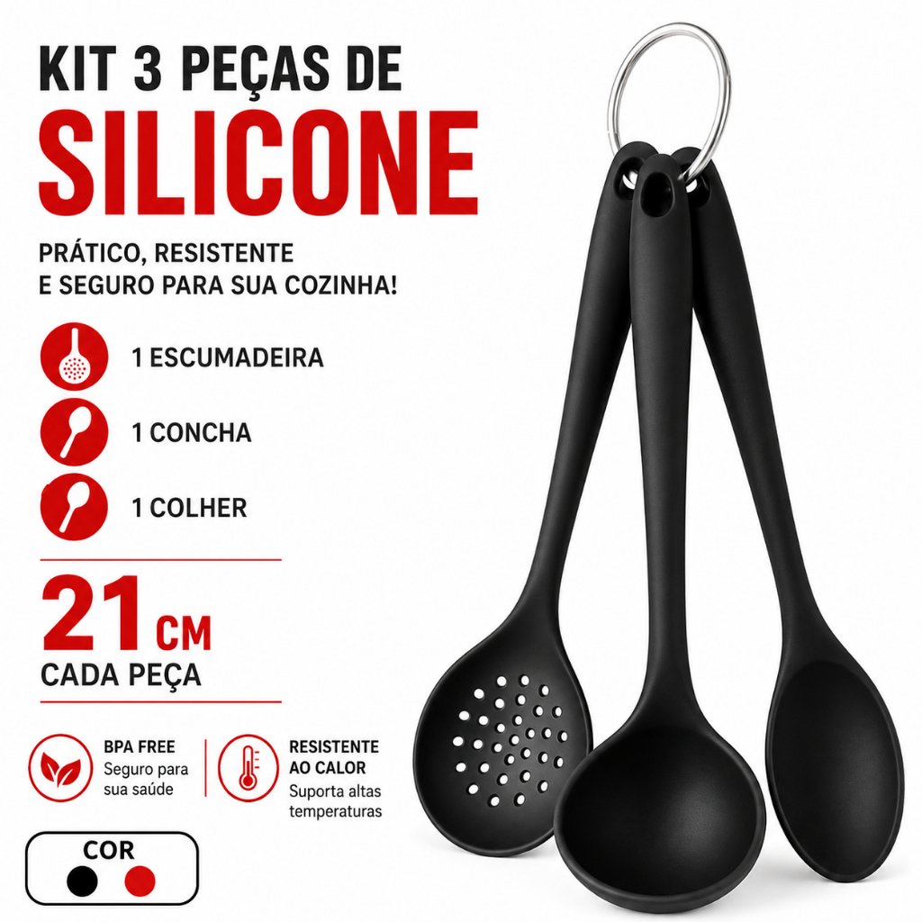 Kit 3 Utensilios De Silicone 21CM Escumadeira Concha Colher Cozinha Resistente Preto Ou Vermelho
