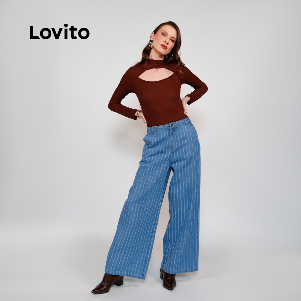 Lovito Calça Jeans Pantalona Feminina Listrada Cintura Alta PTB824BRL854