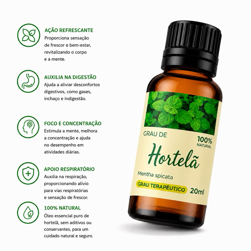Óleo de Hortelã 100% Natural – Aromaterapia, Relaxamento, Alívio de Dores | Frasco de 20ml